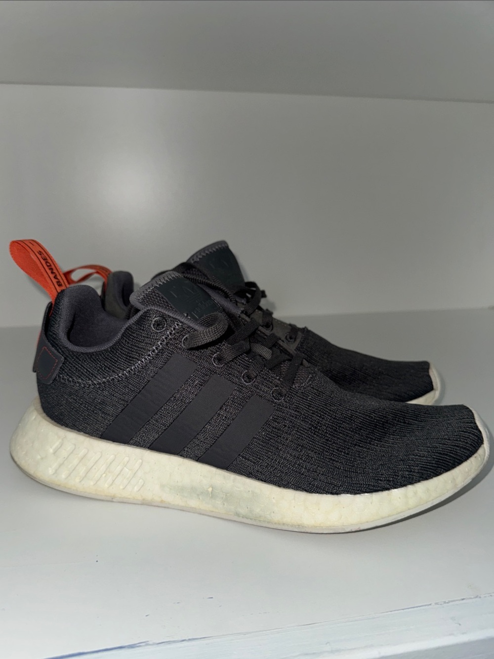 adidas Men’s NMD Dark Gray Knit Sneakers with Orange Heel Pull
